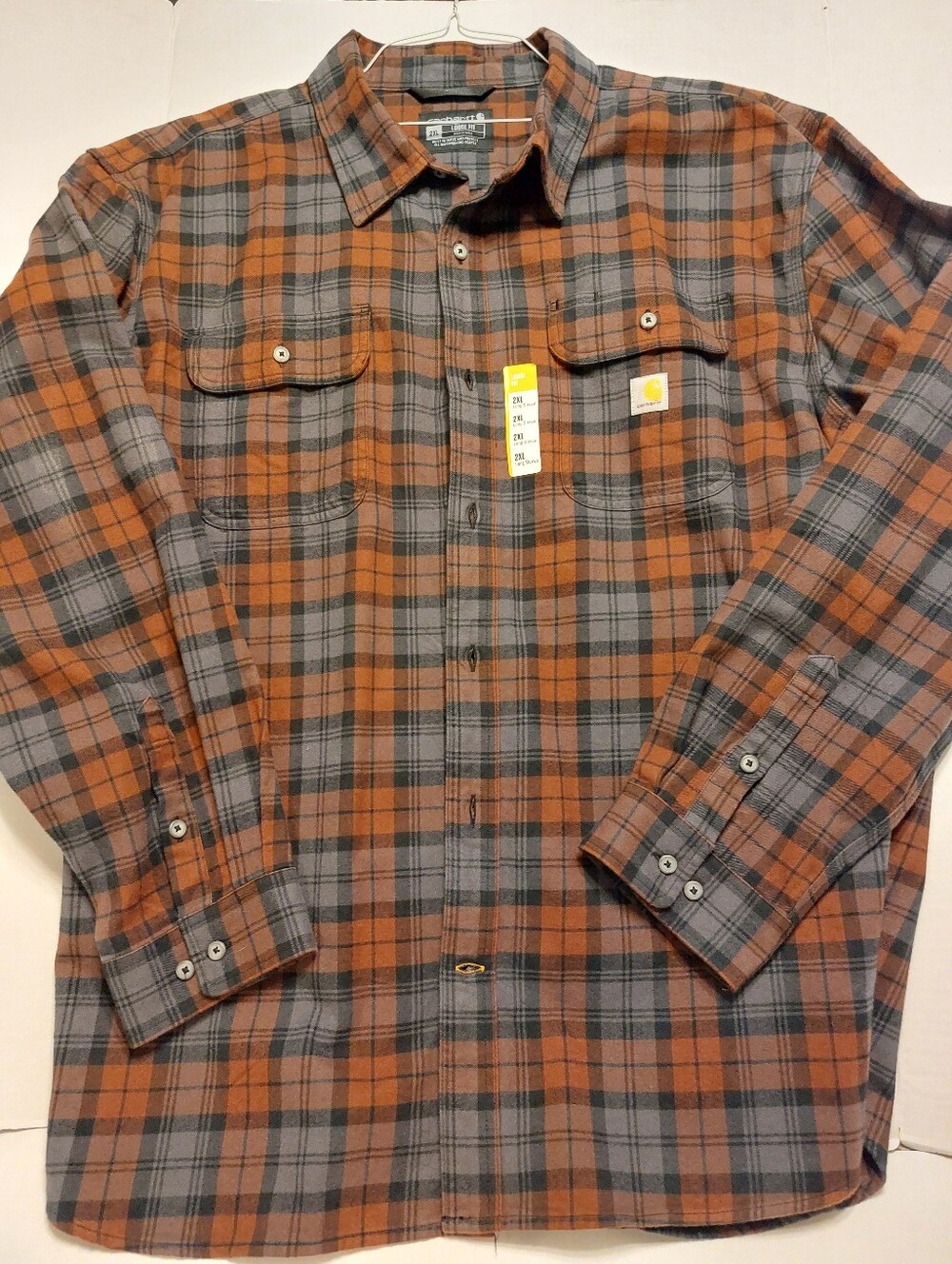 Carhartt Men's Orange and Gray Plaid Button-Down Shirt